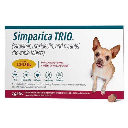 Simparica Trio For Dogs 2.8-5.5 Lbs (Gold) 6 Chews