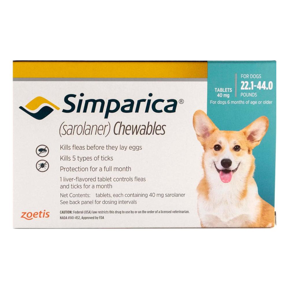 Simparica Oral Flea & Tick Preventive For Dogs 22.1-44 Lbs (Blue) 6 Doses