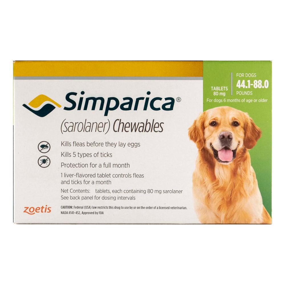 Simparica Oral Flea & Tick Preventive For Dogs 44.1-88 Lbs (Green) 3 Doses