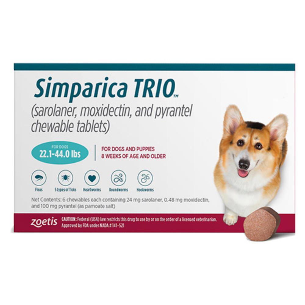 Simparica Trio For Dogs 22.1-44 Lbs (Teal) 3 Doses