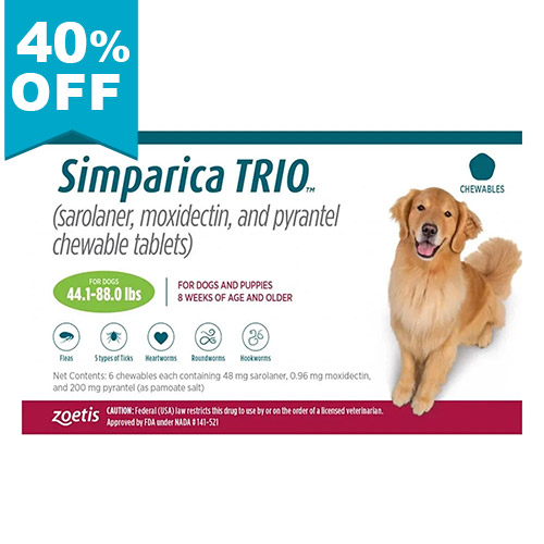 40% Off Simparica Trio For Dogs 44.1-88 Lbs (Green) 6 Doses